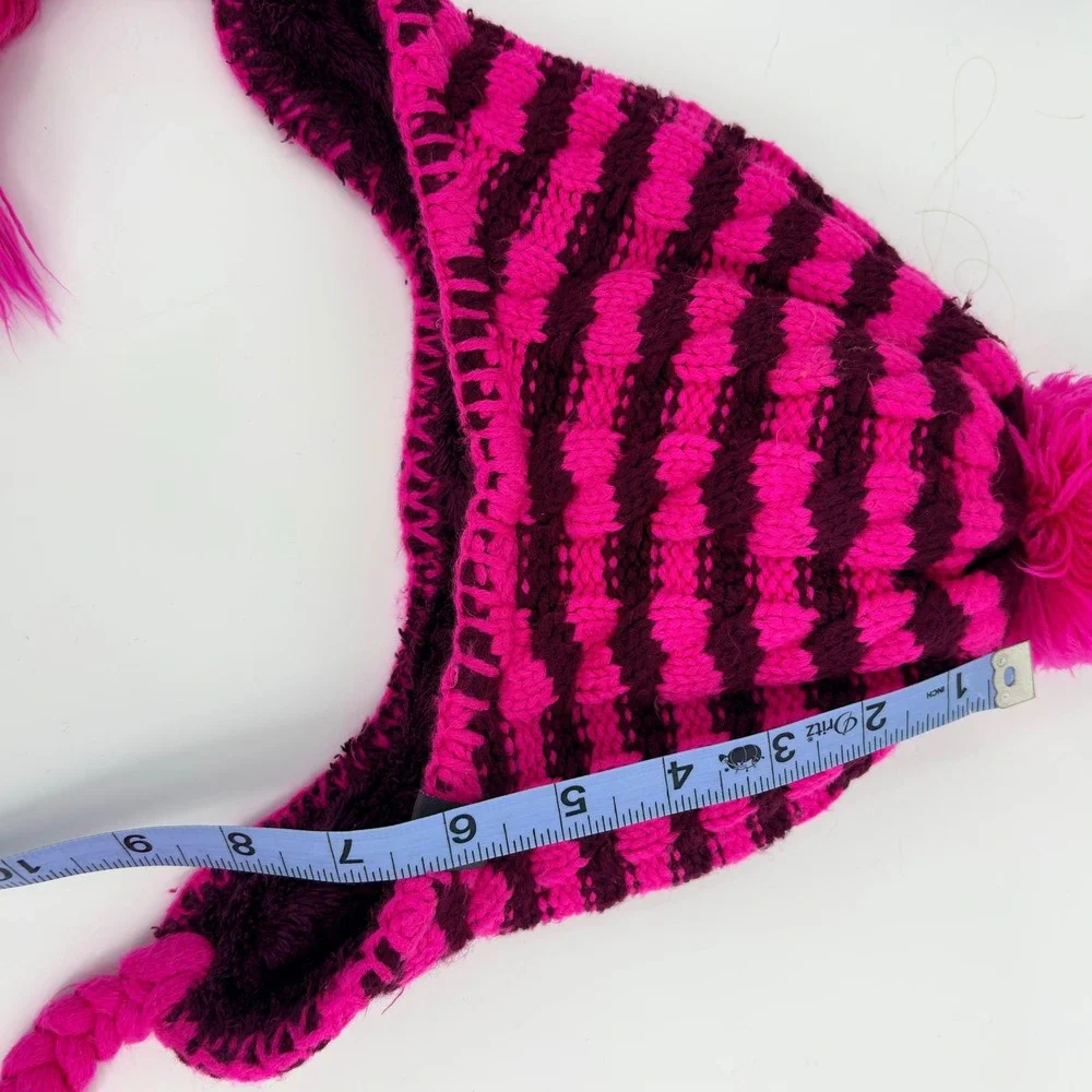 The North Face‎ Girls Knit Earflap Beanie Hat Pink/Burgundy Fleece Lined Pom S/M